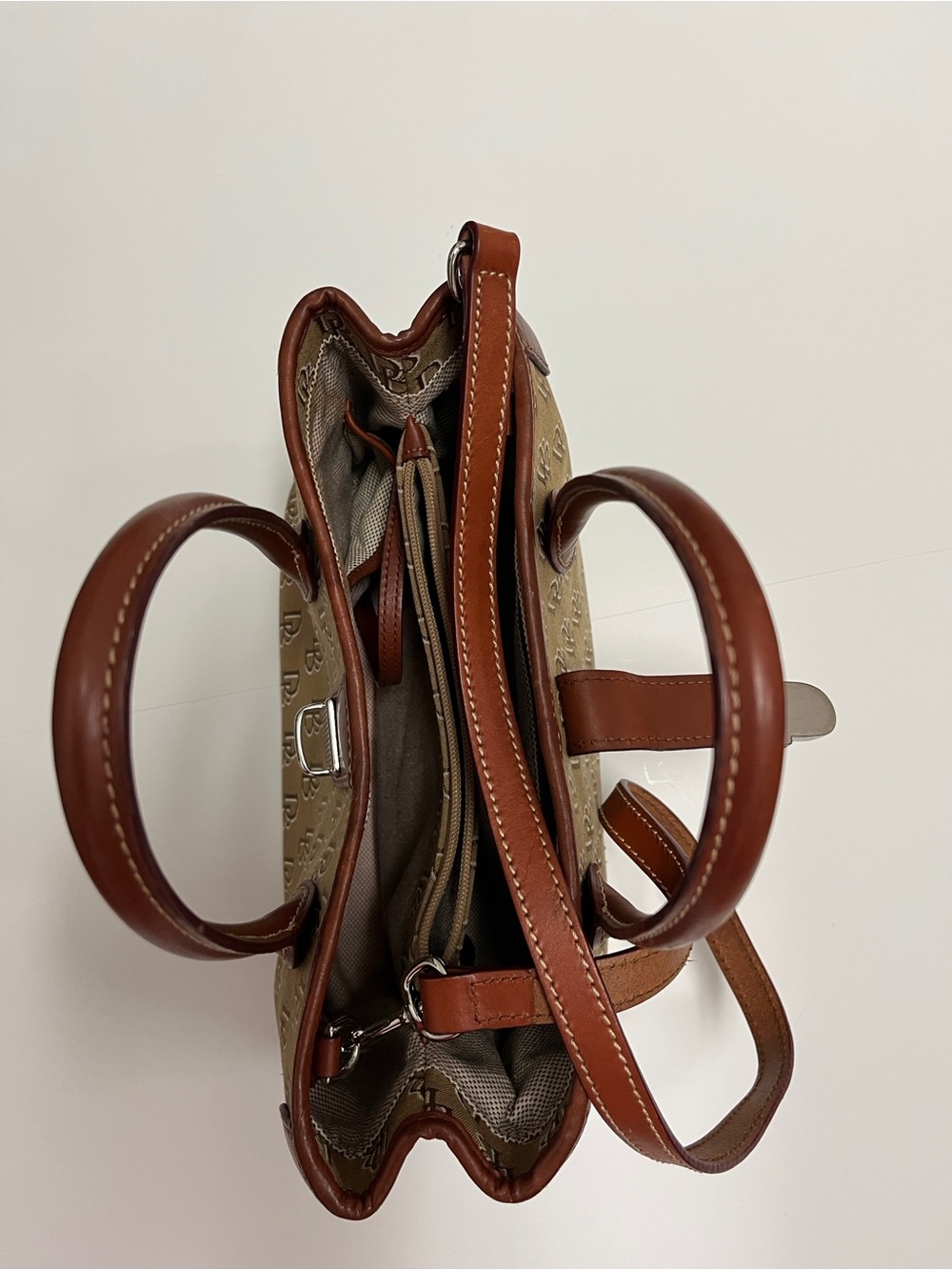 Dooney & Bourke Tan Monogram Satchel with Brown Leather Trim with strap - Picture 3 of 5